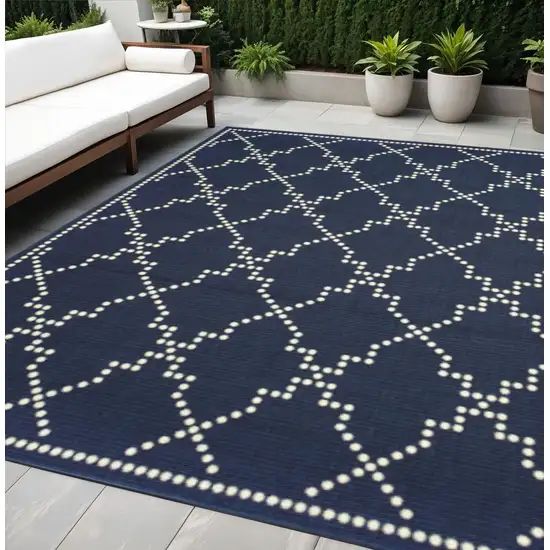 Blue and Ivory Geometric Stain Resistant Indoor Outdoor Area Rug Photo 1
