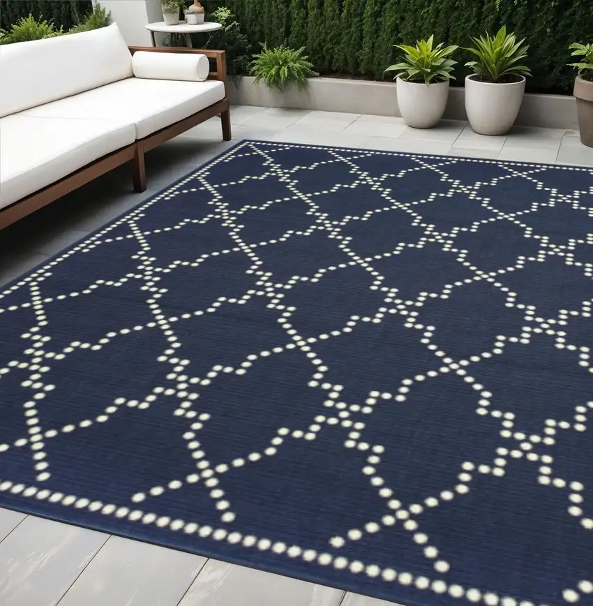 Blue and Ivory Geometric Stain Resistant Indoor Outdoor Area Rug Photo 1