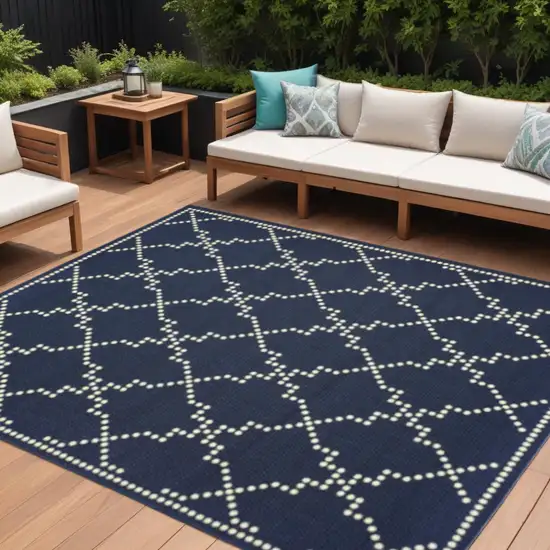 Blue and Ivory Geometric Stain Resistant Indoor Outdoor Area Rug Photo 1
