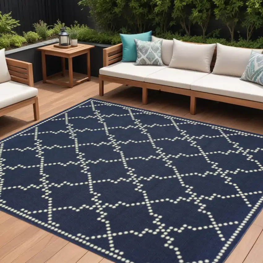 Blue and Ivory Geometric Stain Resistant Indoor Outdoor Area Rug Photo 1