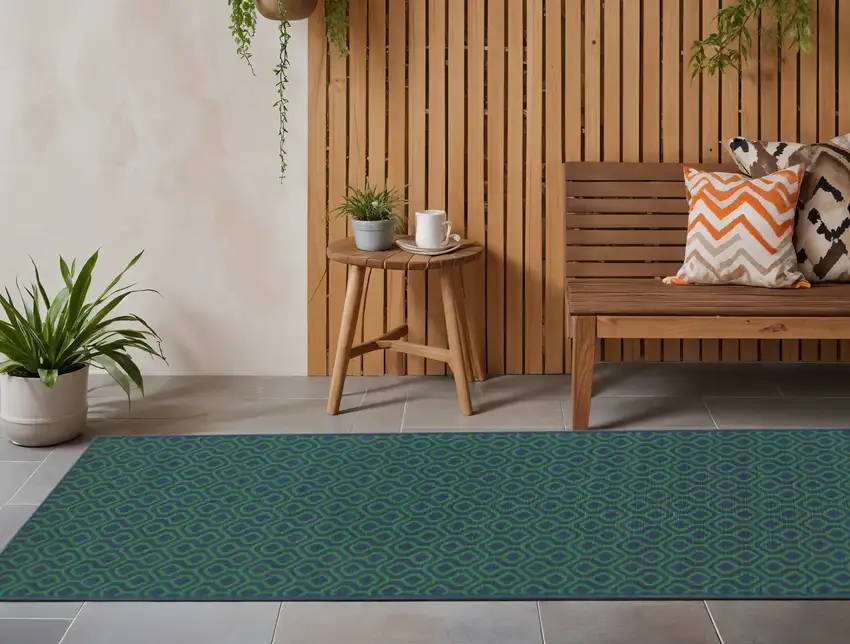 Blue and Green Geometric Stain Resistant Indoor Outdoor Area Rug Photo 1