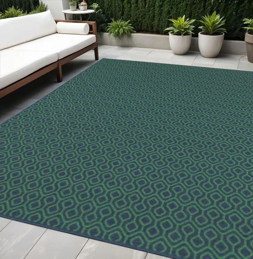 Blue and Green Geometric Stain Resistant Indoor Outdoor Area Rug Photo 1