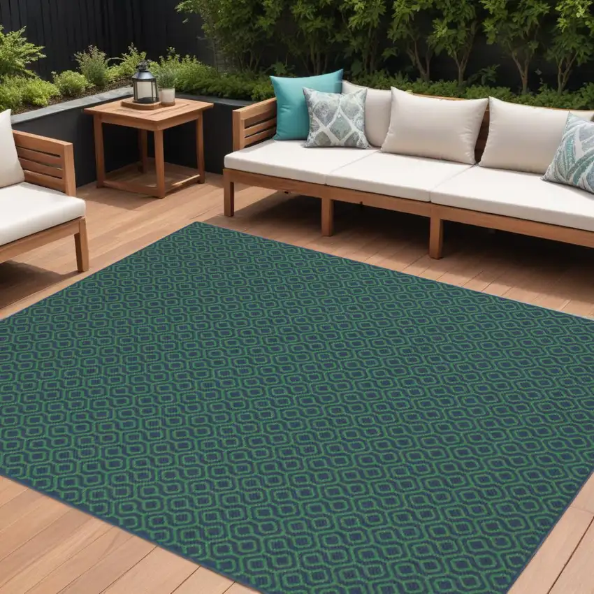 Blue and Green Geometric Stain Resistant Indoor Outdoor Area Rug Photo 1