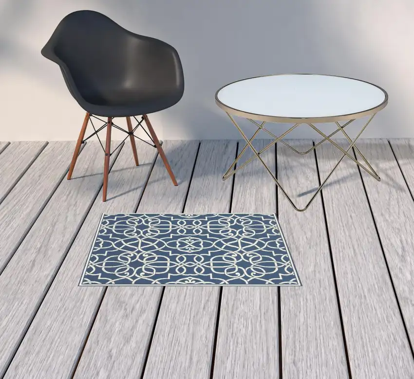 Navy Geometric Stain Resistant Indoor Outdoor Area Rug Photo 2