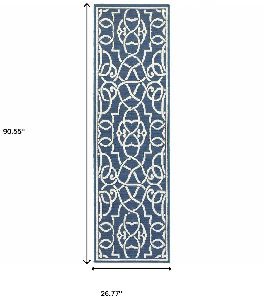 Blue and Ivory Geometric Stain Resistant Indoor Outdoor Area Rug Photo 3