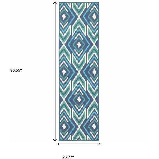 Blue and Ivory Geometric Stain Resistant Indoor Outdoor Area Rug Photo 3