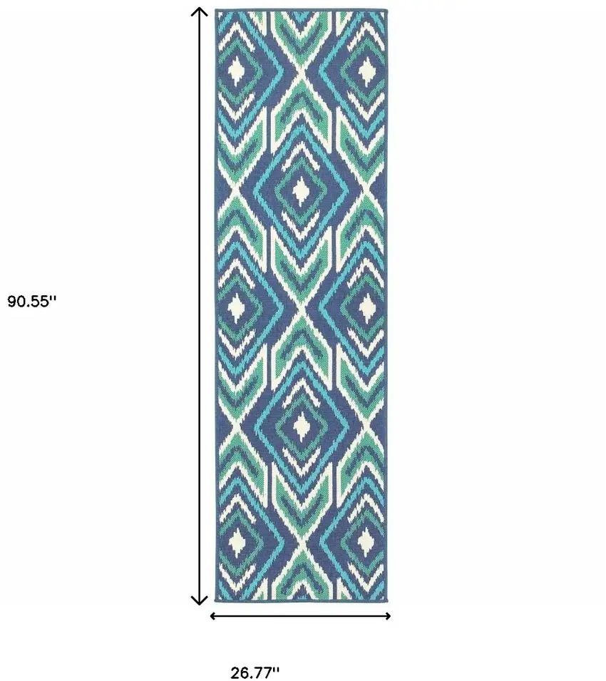 Blue and Ivory Geometric Stain Resistant Indoor Outdoor Area Rug Photo 3
