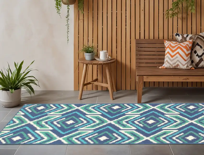 Blue and Ivory Geometric Stain Resistant Indoor Outdoor Area Rug Photo 1