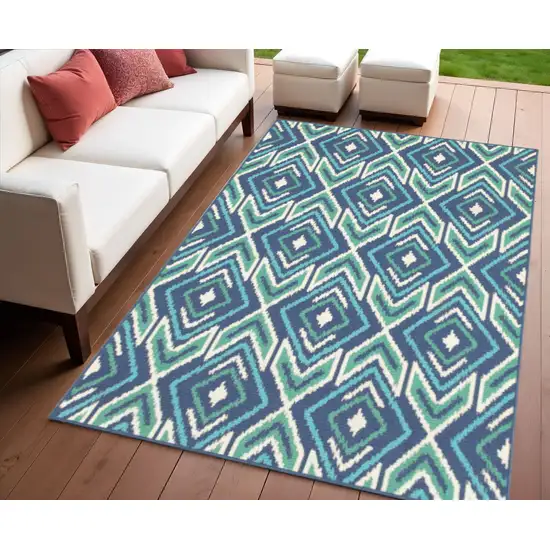Blue and Ivory Geometric Stain Resistant Indoor Outdoor Area Rug Photo 1