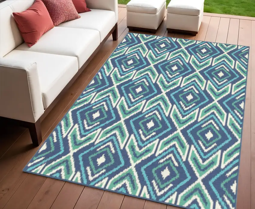 Blue and Ivory Geometric Stain Resistant Indoor Outdoor Area Rug Photo 1