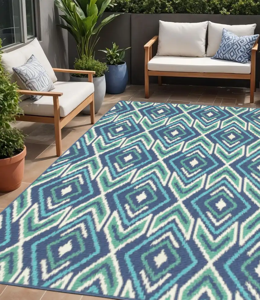 Blue and Ivory Geometric Stain Resistant Indoor Outdoor Area Rug Photo 1