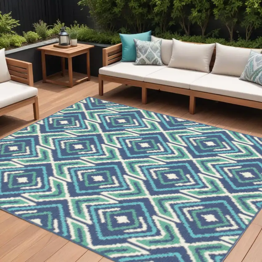 Blue and Ivory Geometric Stain Resistant Indoor Outdoor Area Rug Photo 1