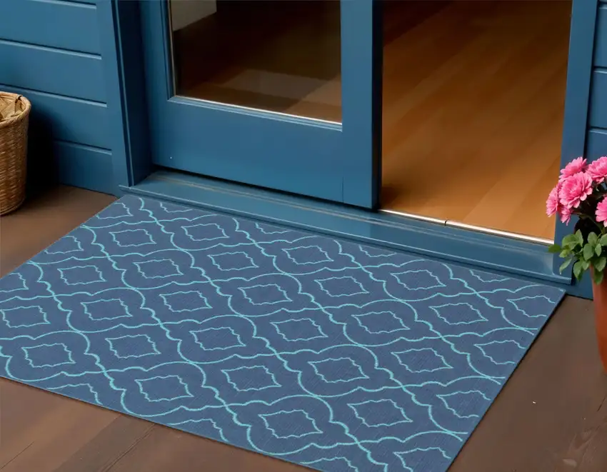 Blue Geometric Stain Resistant Indoor Outdoor Area Rug Photo 1