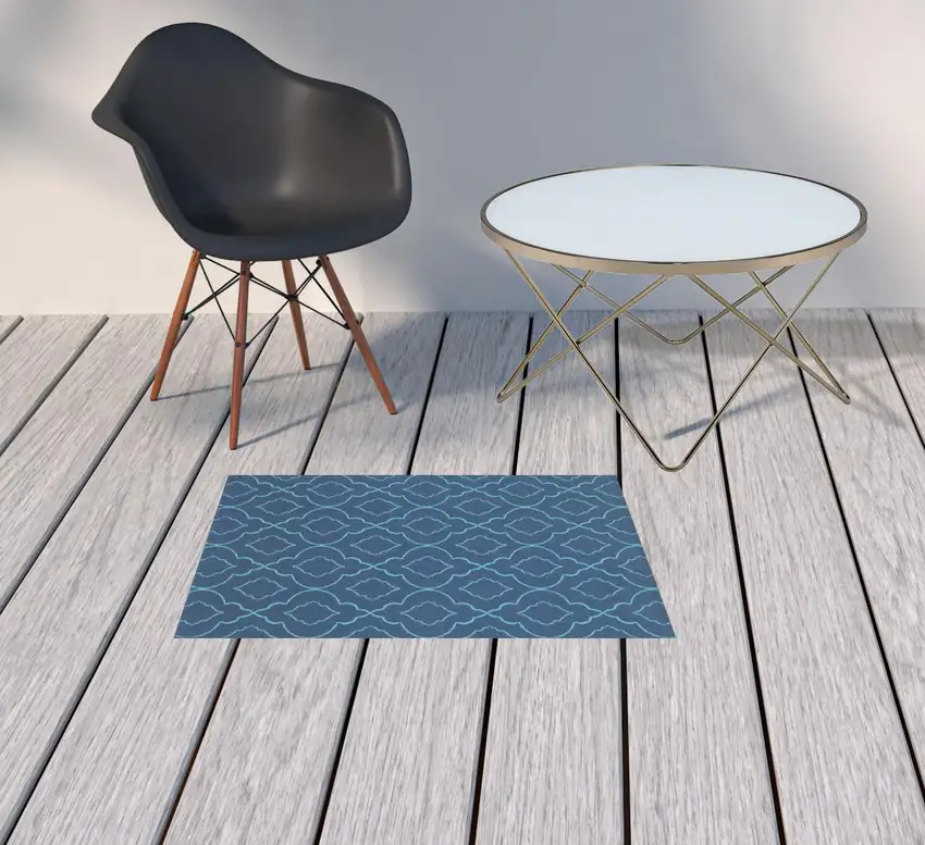 Navy Geometric Stain Resistant Indoor Outdoor Area Rug Photo 2