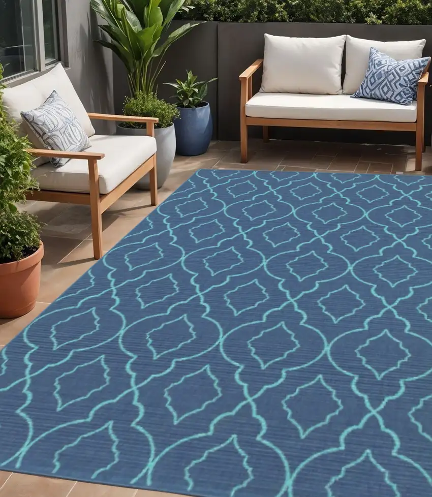 Blue Geometric Stain Resistant Indoor Outdoor Area Rug Photo 1