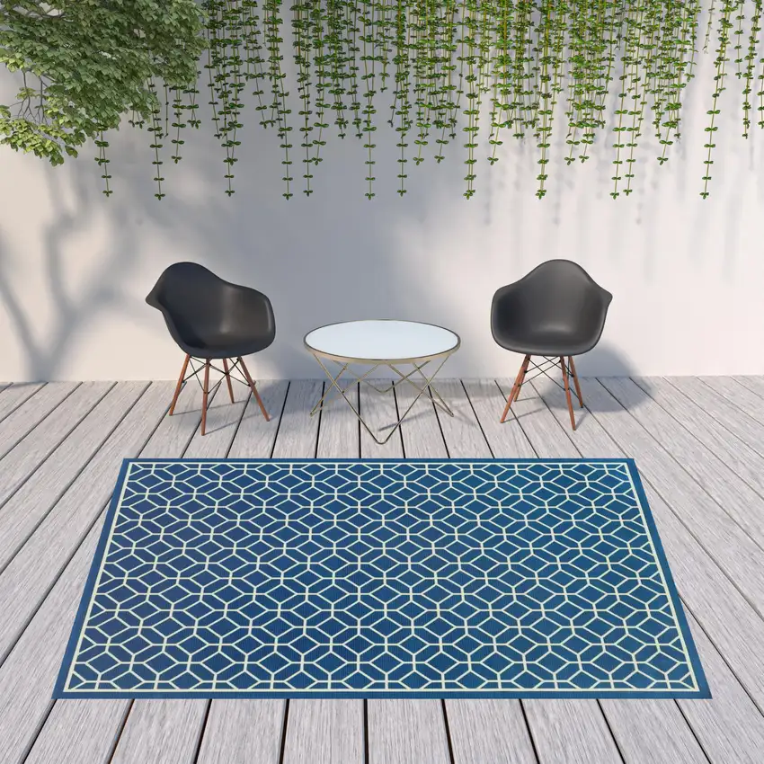 Navy Geometric Stain Resistant Indoor Outdoor Area Rug Photo 2