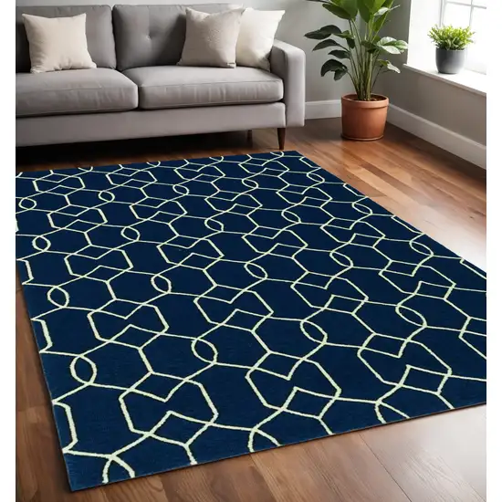 Navy Blue And Ivory Geometric Hand Hooked Area Rug Photo 1