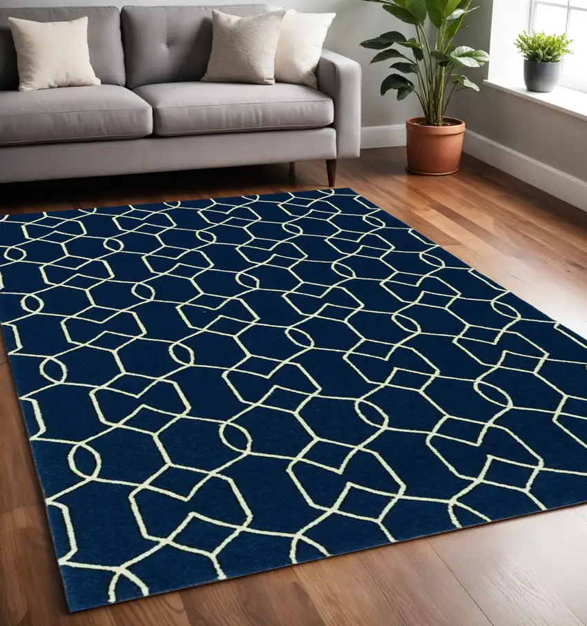 Navy Blue And Ivory Geometric Hand Hooked Area Rug Photo 1