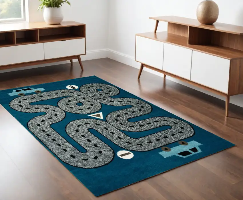Navy Imaginative Racetrack Area Rug Photo 1