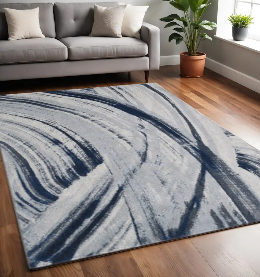 Ivory and Blue Abstract Area Rug Photo 2
