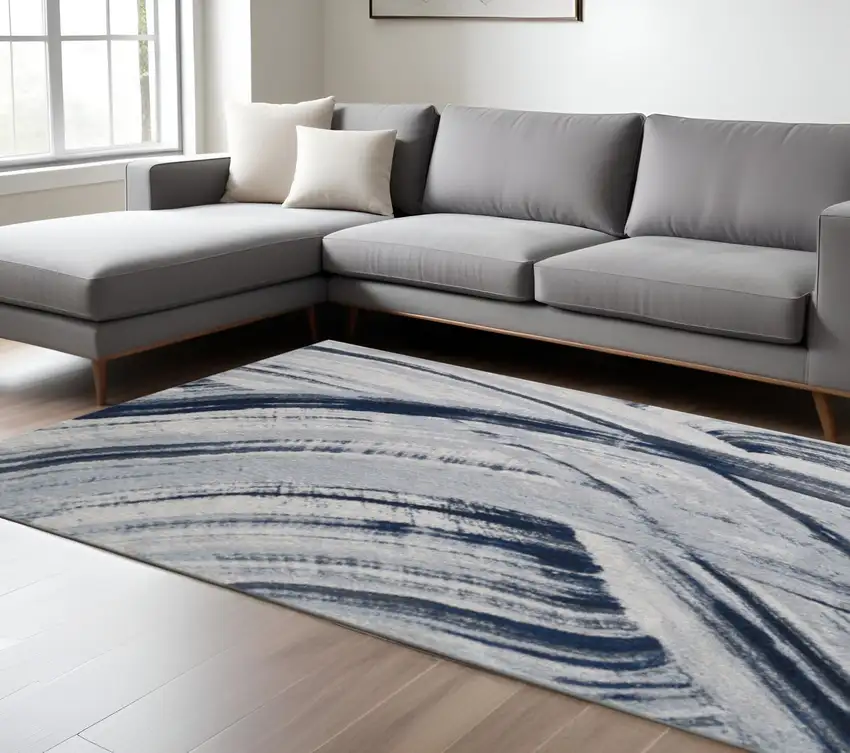 Ivory and Blue Abstract Area Rug Photo 2