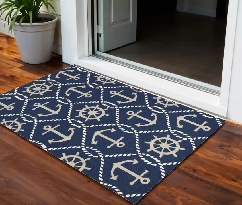 Navy Blue Nautical Handmade Indoor Outdoor Area Rug Photo 1