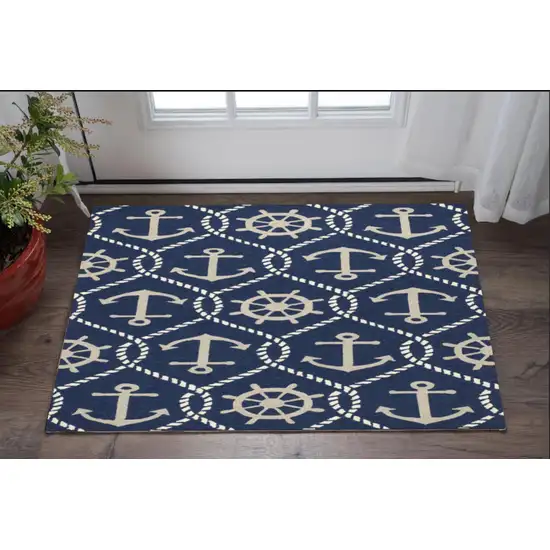 Navy Blue Gold And White Nautical Handmade Indoor Outdoor Area Rug Photo 2
