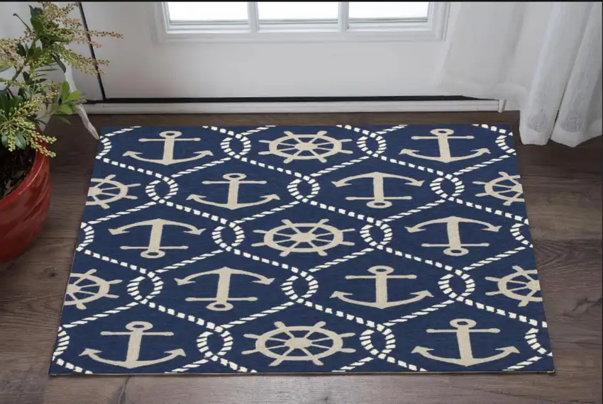 Navy Blue Gold And White Nautical Handmade Indoor Outdoor Area Rug Photo 2
