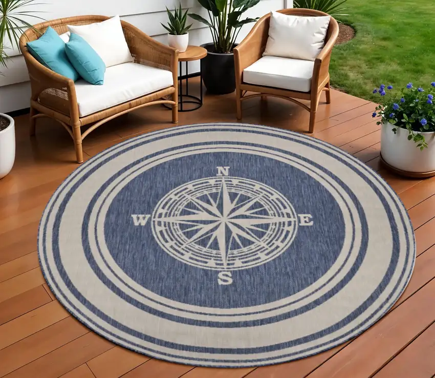Blue And Gray Round Indoor Outdoor Area Rug Photo 1