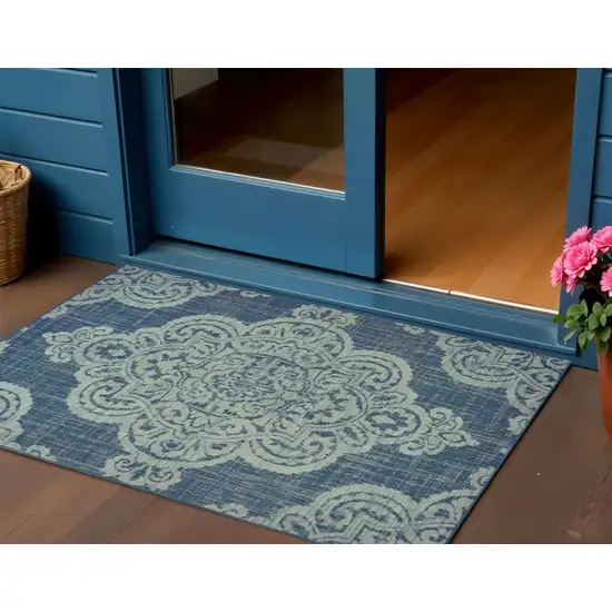 Blue Oriental Stain Resistant Indoor Outdoor Area Rug Photo 1