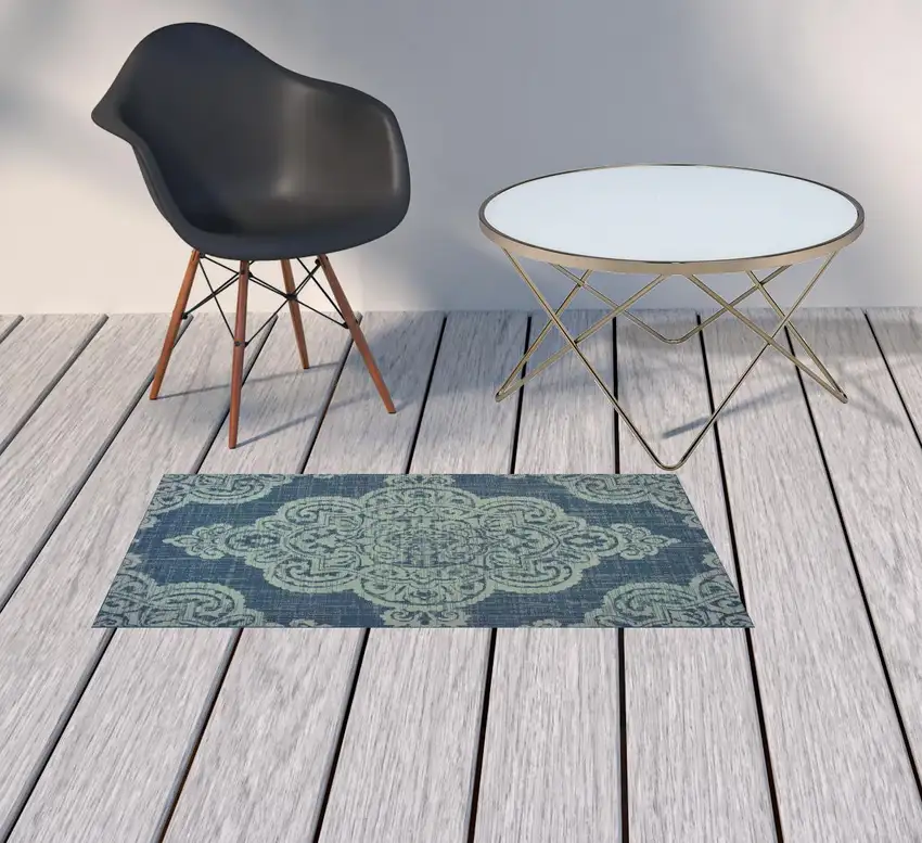 Navy Oriental Stain Resistant Indoor Outdoor Area Rug Photo 2