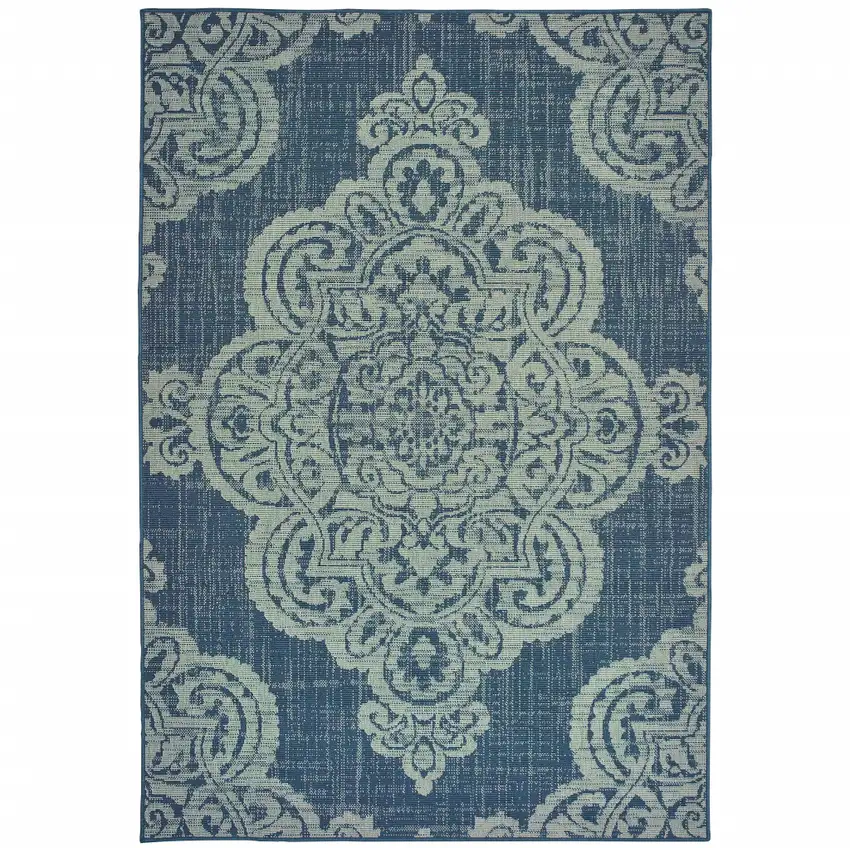 Navy Oriental Stain Resistant Indoor Outdoor Area Rug Photo 1