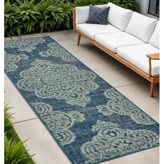 Blue Oriental Stain Resistant Indoor Outdoor Area Rug Photo 1