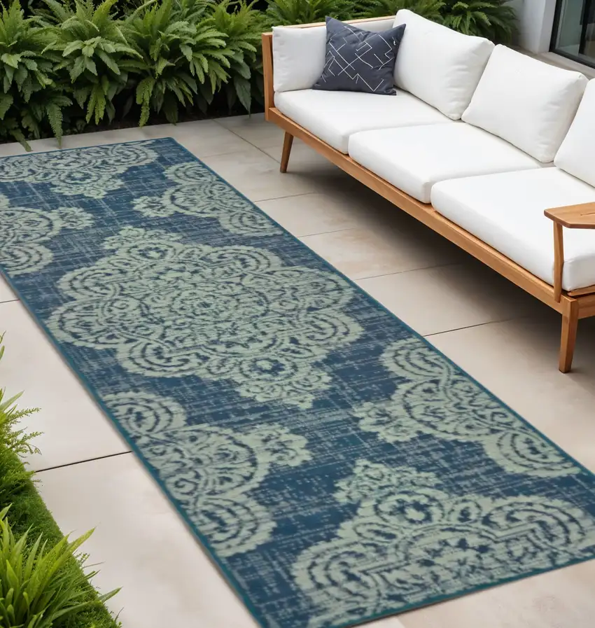 Blue Oriental Stain Resistant Indoor Outdoor Area Rug Photo 1