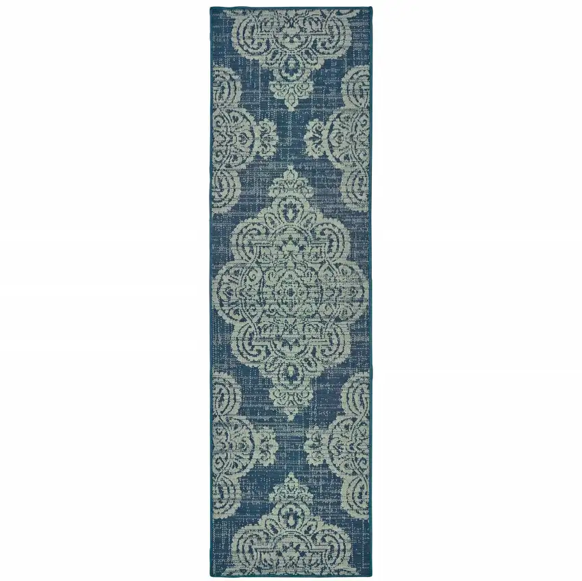 Navy Oriental Stain Resistant Indoor Outdoor Area Rug Photo 1
