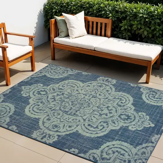 Blue Oriental Stain Resistant Indoor Outdoor Area Rug Photo 1