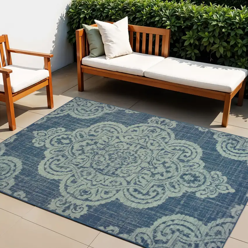 Blue Oriental Stain Resistant Indoor Outdoor Area Rug Photo 1