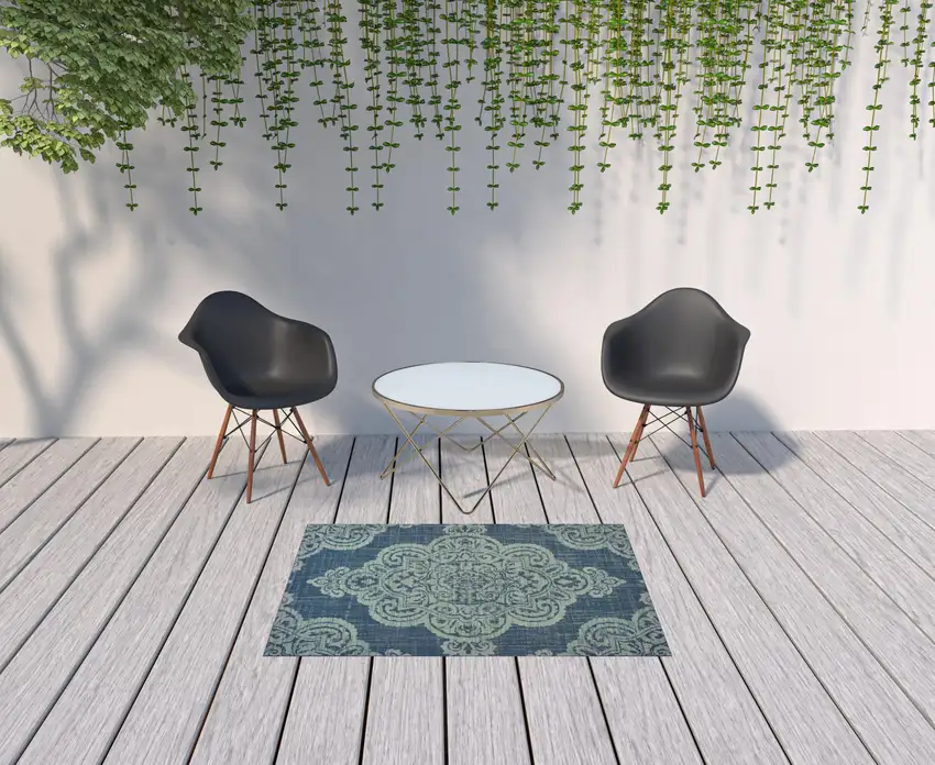 Navy Oriental Stain Resistant Indoor Outdoor Area Rug Photo 2