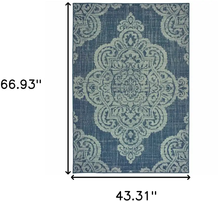 Navy Oriental Stain Resistant Indoor Outdoor Area Rug Photo 5