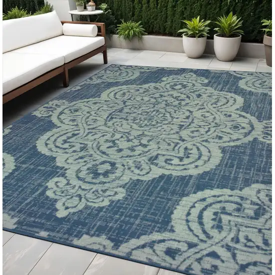 Blue Oriental Stain Resistant Indoor Outdoor Area Rug Photo 1