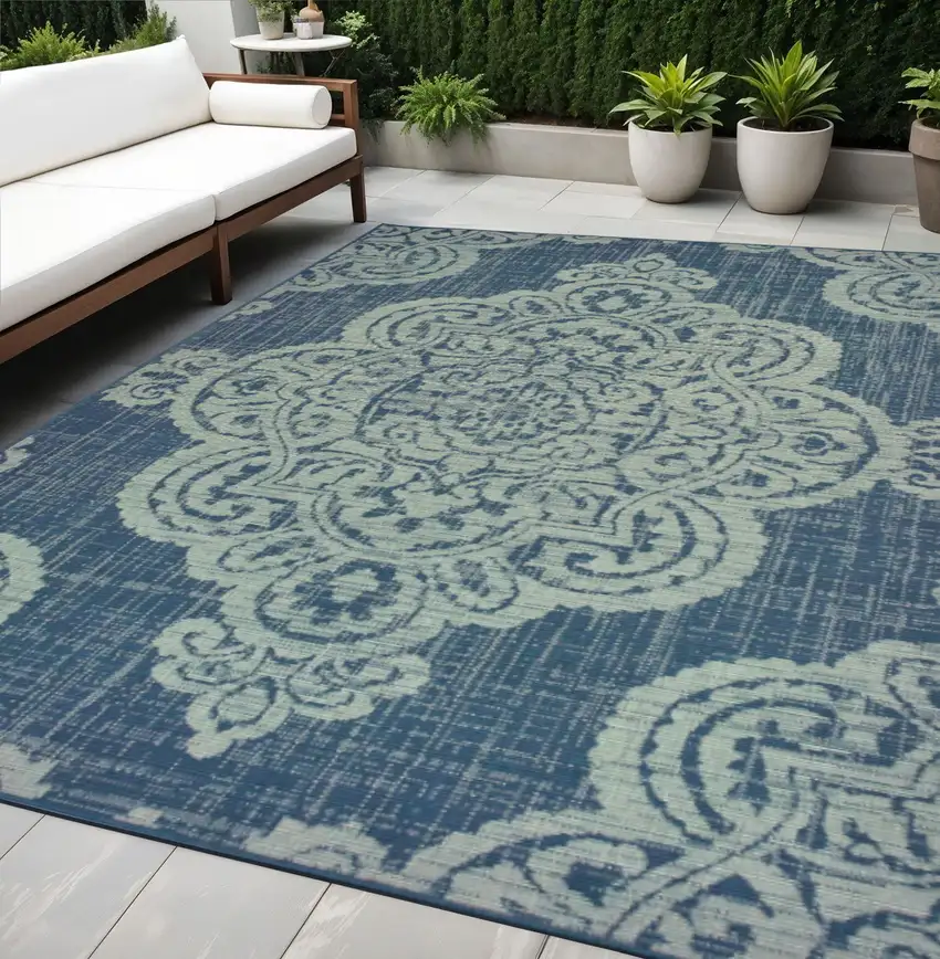 Blue Oriental Stain Resistant Indoor Outdoor Area Rug Photo 1