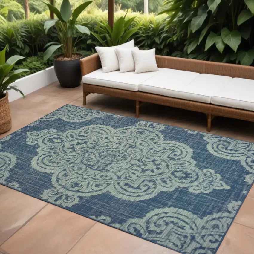 Blue Oriental Stain Resistant Indoor Outdoor Area Rug Photo 1