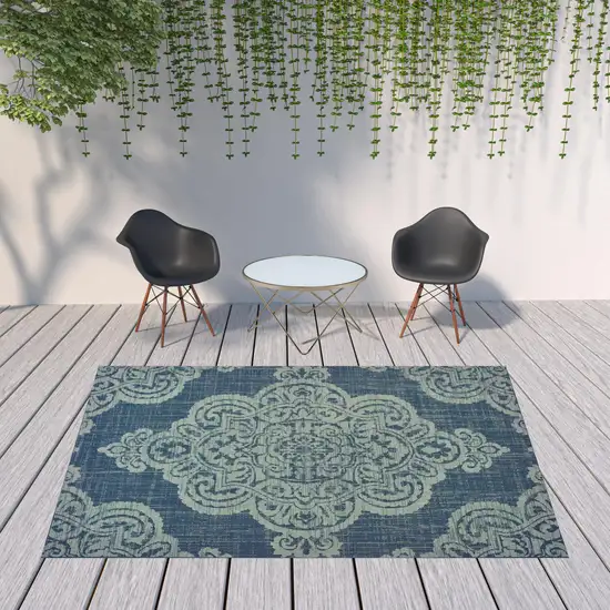 Navy Oriental Stain Resistant Indoor Outdoor Area Rug Photo 2