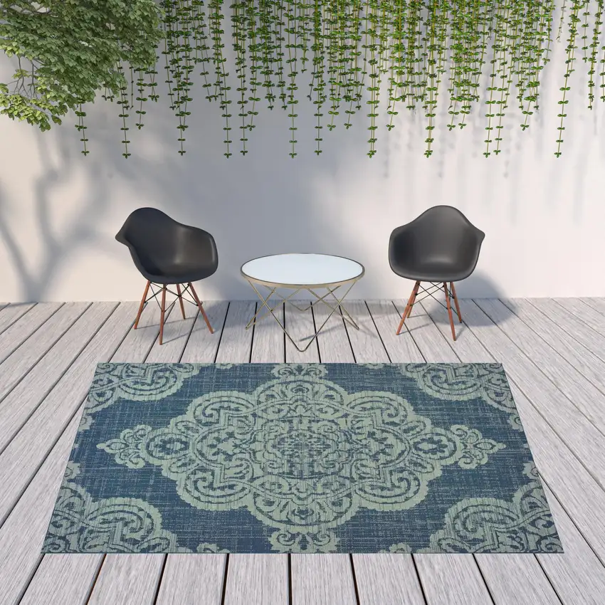 Navy Oriental Stain Resistant Indoor Outdoor Area Rug Photo 2