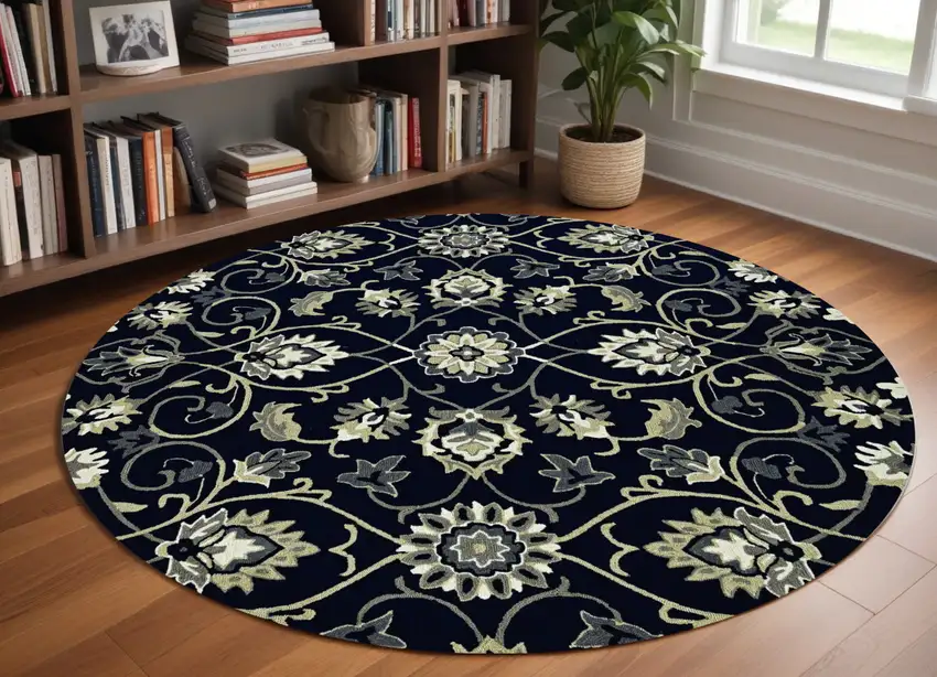 8' Navy Blue Round Hand Tufted Area Rug With UV Protection Photo 1
