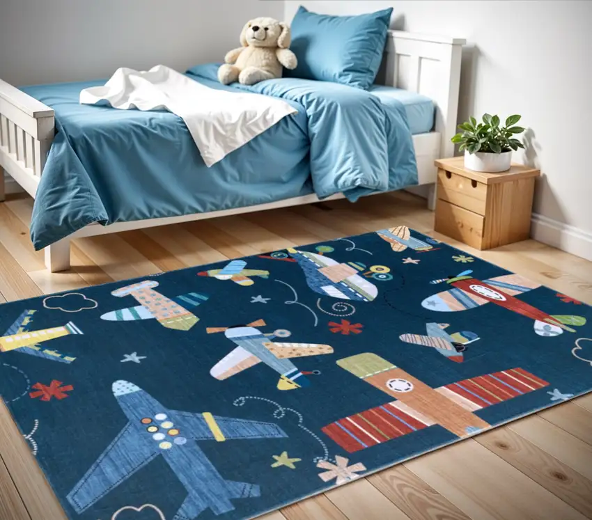 Navy Red and Orange Juvenile Airplanes Youthful Area Rug Photo 3