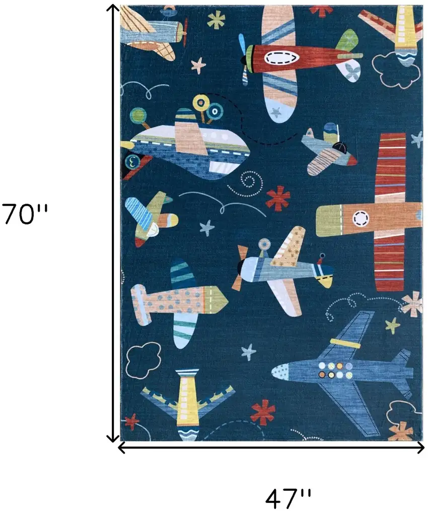 Navy Red and Orange Juvenile Airplanes Youthful Area Rug Photo 4