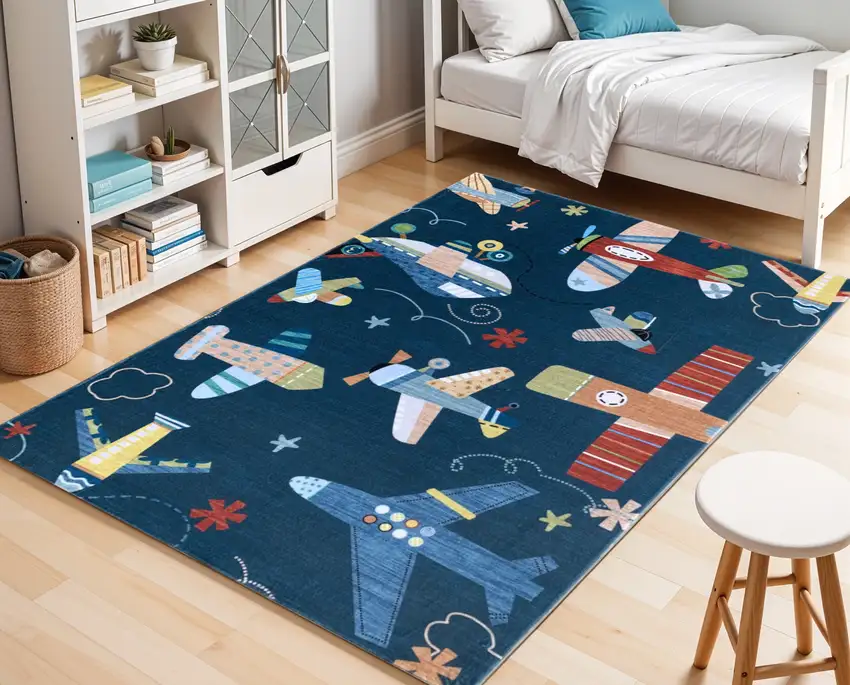 Navy Red and Orange Juvenile Airplanes Youthful Area Rug Photo 1