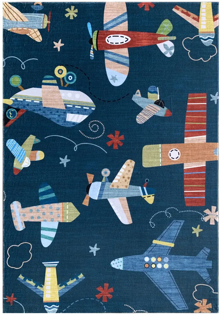 Navy Red and Orange Juvenile Airplanes Youthful Area Rug Photo 2