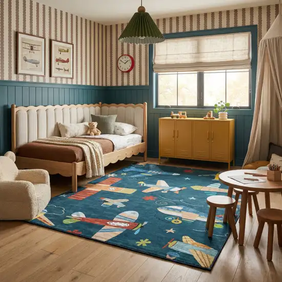 Navy Red and Orange Juvenile Airplanes Youthful Area Rug Photo 7